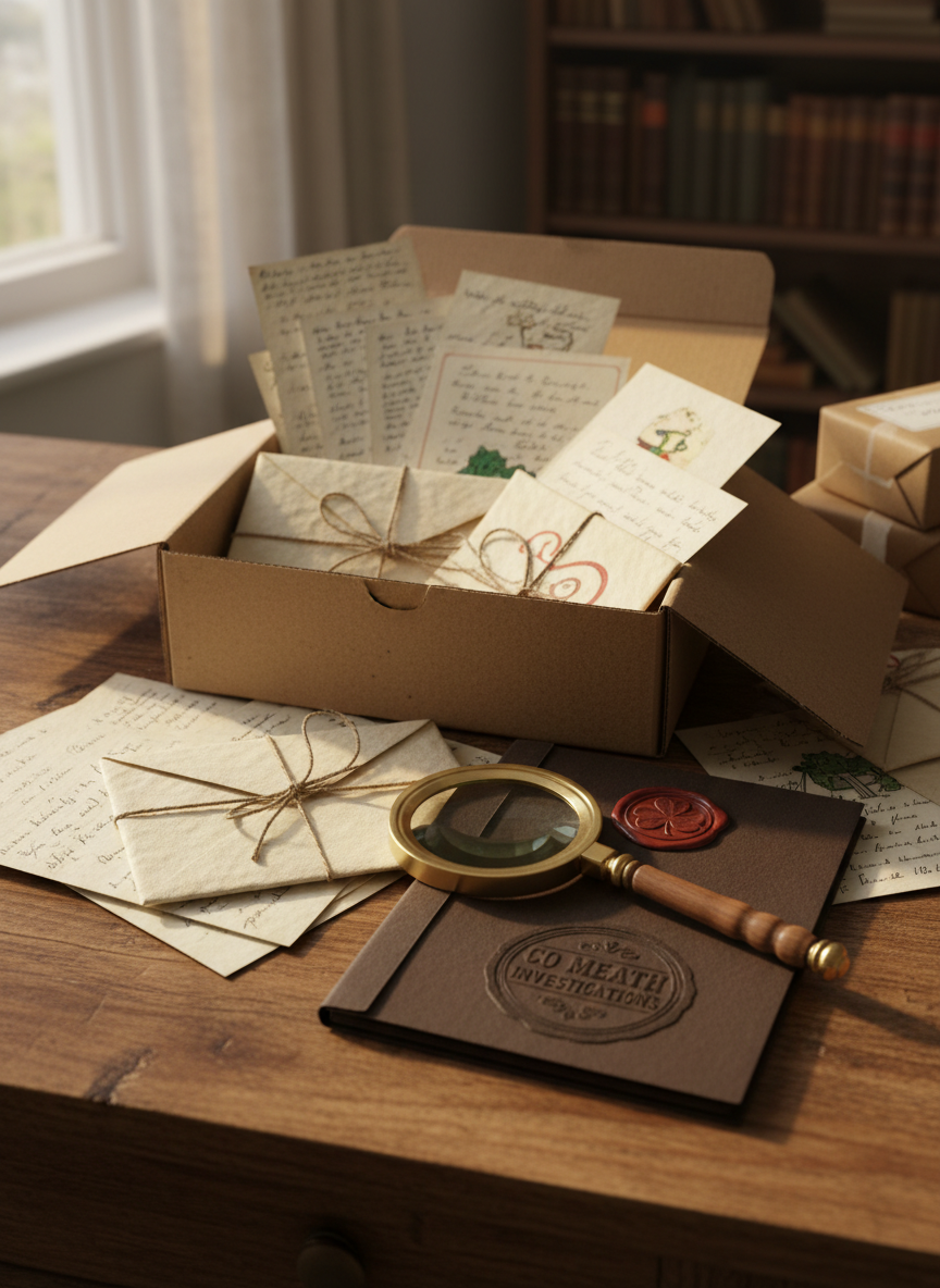 A cosy wooden writing desk scattered with a freshly opened mystery subscription box, overflowing with textured cream envelopes, twine-tied clue cards, and slightly crinkled, handwritten letters on thick Irish linen paper. A vintage-style magnifying glass rests beside a wax-sealed dossier stamped with a subtle shamrock motif, hinting at its Co Meath origin. Soft afternoon window light falls across the scene, creating warm highlights on the paper fibers and gentle shadows along the edges of the box. Photographic realism, shot from a slightly elevated angle with a shallow depth of field, keeps the focus on the tactile handmade elements while the background fades into a blur of bookshelves and a small stack of addressed parcels, evoking anticipation and playful intrigue.