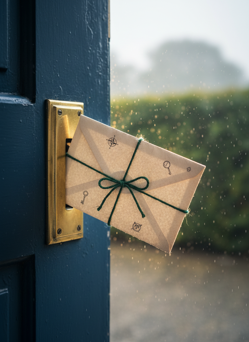 An old-fashioned brass letterbox in a painted cottage door, captured at the exact moment a hand-assembled mystery envelope slips through, frozen mid-air. The envelope is thick, off-white, tied with deep green twine and bearing small illustrated symbols hinting at clues, no legible writing. Outside, a blurred suggestion of an Irish hedge and soft drizzle creates a misty backdrop, while warm indoor light spills from inside, catching the envelope’s edges. Photographic realism, eye-level composition with the letterbox centered, shallow depth of field so the envelope and brass slot are in sharp focus. The atmosphere feels magical and anticipatory, emphasizing the thrill of physical mail and the monthly arrival of a handmade mystery.