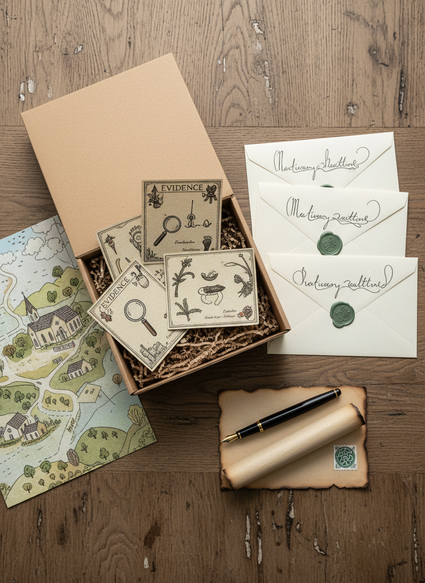 A neatly arranged flat lay of a monthly mystery mailing set on a rustic oak table: a brown kraft box partly opened to reveal hand-illustrated evidence cards, a folded map of a small Irish village, and envelopes with visible handwritten addresses, no readable text. A fountain pen lies across a parchment-style note, and a small Irish postage stamp is tucked near the corner. Soft overcast daylight from one side creates even, diffused illumination, bringing out the textures of paper, ink, and wood. The mood is inviting and playful, encouraging sign-up and discovery. Photographic realism, bird’s-eye view composition with generous negative space around the box for website header use, clean and uncluttered yet rich in tactile detail.