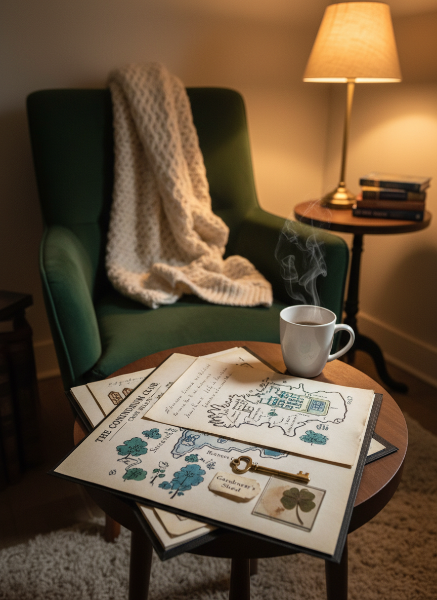 A cosy reading nook featuring a plush armchair, a knitted blanket draped over the side, and a small side table holding a steaming mug and an open mystery case file from the club. The file contains layered, handwritten clue sheets, a hand-drawn map of a fictional Irish estate, and a few weathered-looking objects like a labeled key and a pressed clover. Warm lamplight casts a golden glow, deepening the colours of the fabrics and paper and creating soft shadows that add depth. Photographic realism, shot from a three-quarter angle that captures both the chair and table, with a shallow depth of field so the clue documents are crisp while the rest of the room falls into a gentle blur. The mood is inviting, playful, and perfect for curling up with a monthly puzzle.