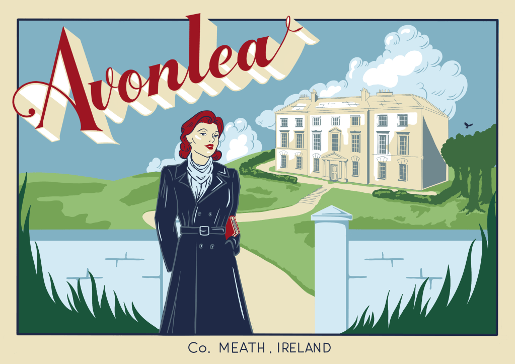 Illustrated Avonlea postcard featuring January Quail outside her fictional country house in County Meath, created for The Cosy Mystery Club.